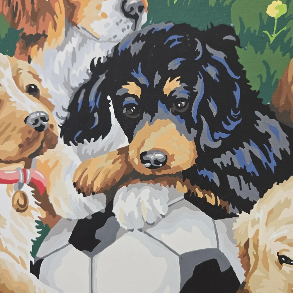 VTG Puppies and Soccer‎ Paint By Number Finished Acrylic Painting 14x20 Retriver